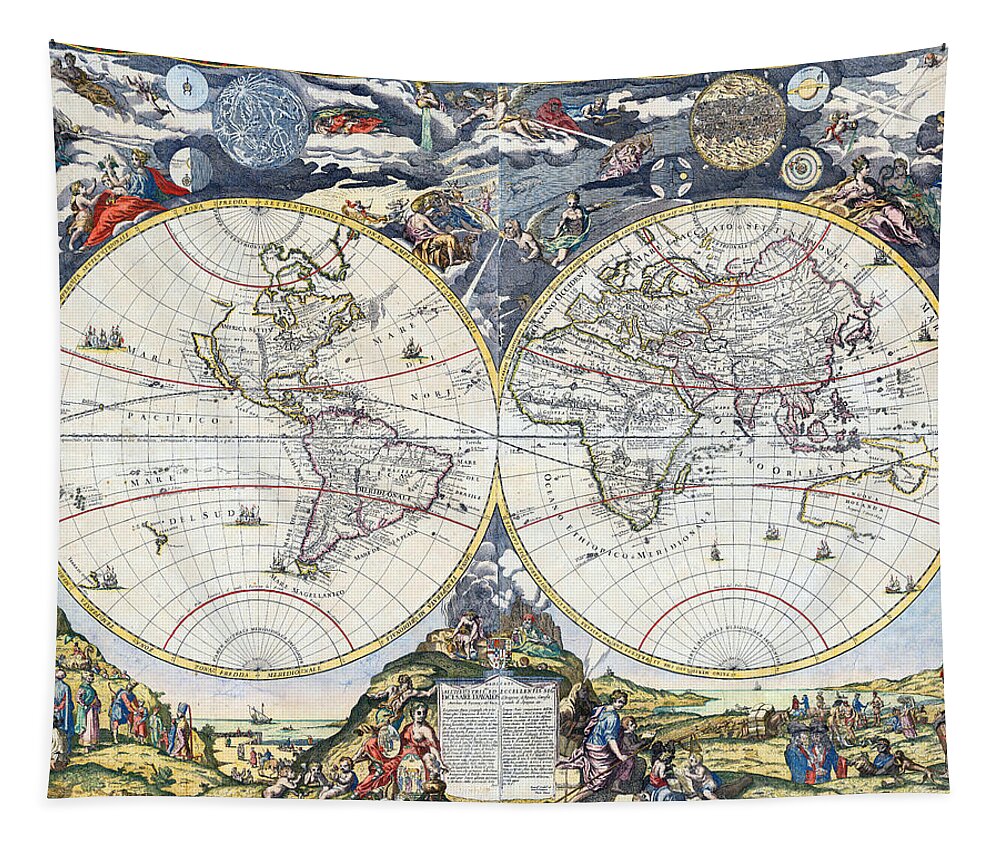 Petrini World Map 1700 Tapestry featuring the photograph Petrini World Map 1700 by Weston Westmoreland