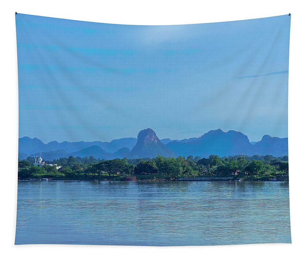 Scenic Tapestry featuring the photograph Phanom Naga Park Mekong River and Mountains in Laos DTHNP0311 by Gerry Gantt