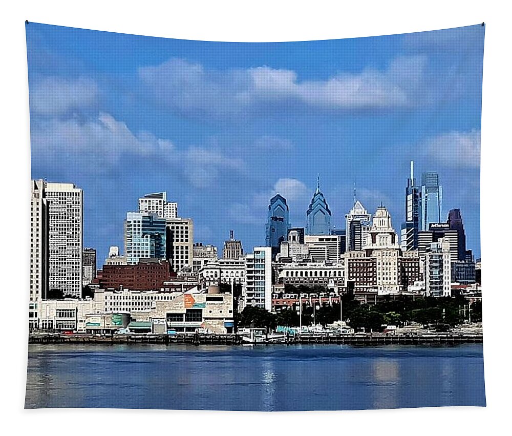 Philadelphia Tapestry featuring the photograph Philadelphia Skyline across the Delaware River from the Aquarium in Camden, New Jersey by Linda Stern