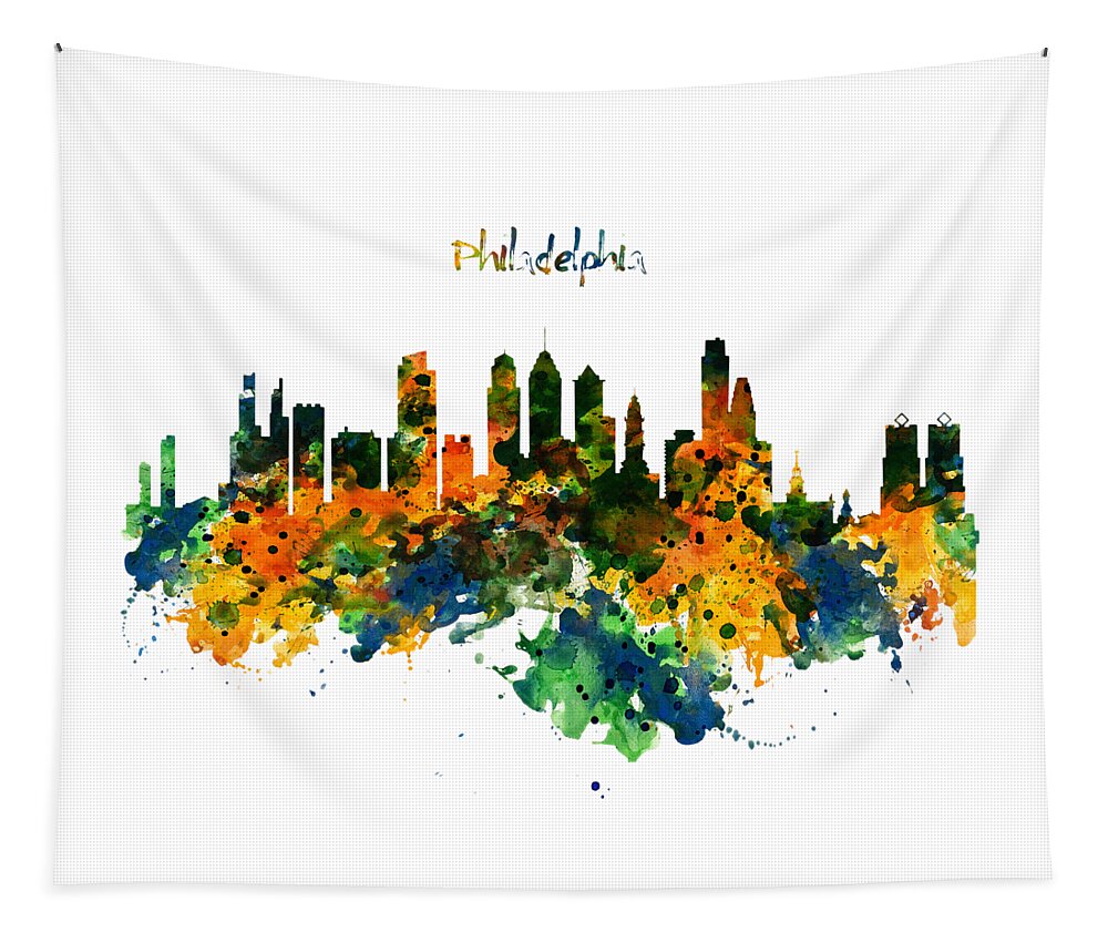 Marian Voicu Tapestry featuring the painting Philadelphia Watercolor Skyline by Marian Voicu