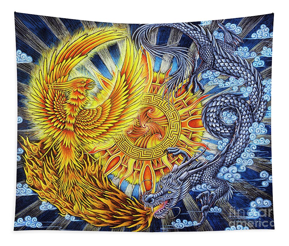 Chinese Dragon Tapestry featuring the pastel Phoenix and Dragon by Rebecca Wang