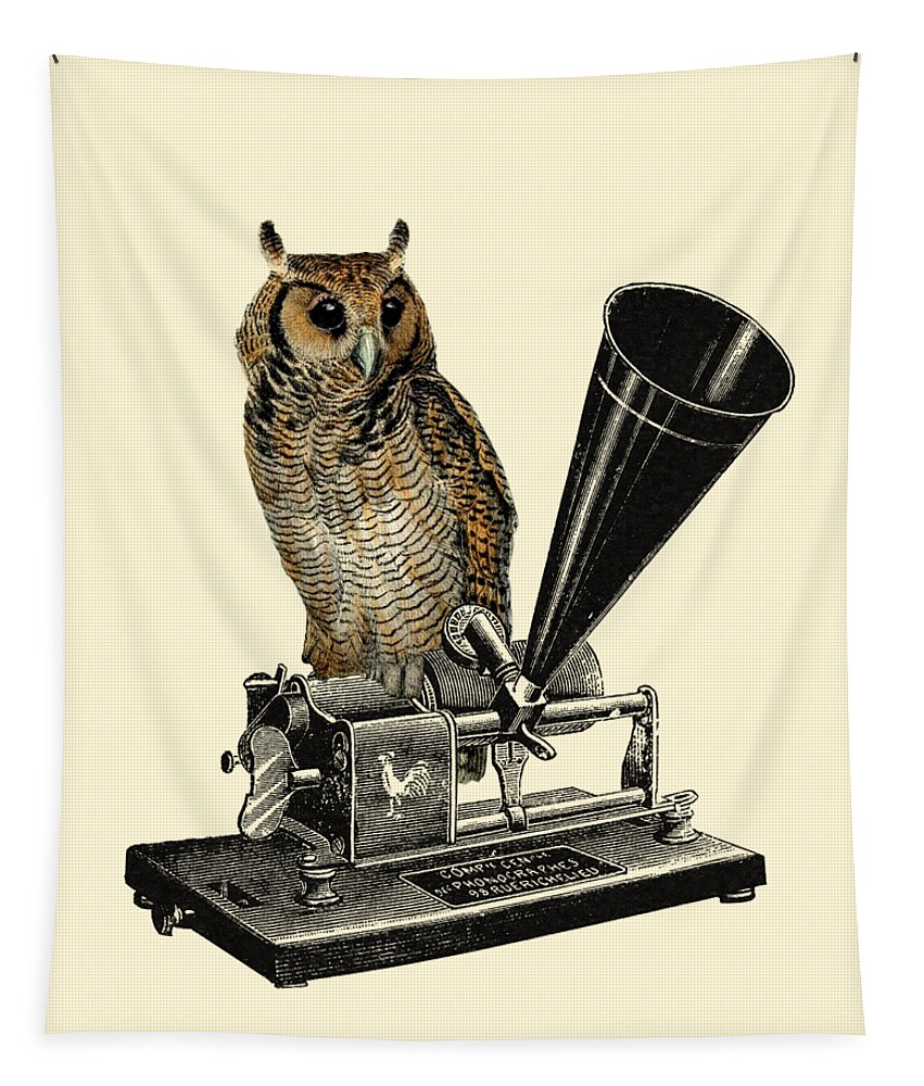Owl Tapestry featuring the digital art Phonograph Owl by Madame Memento