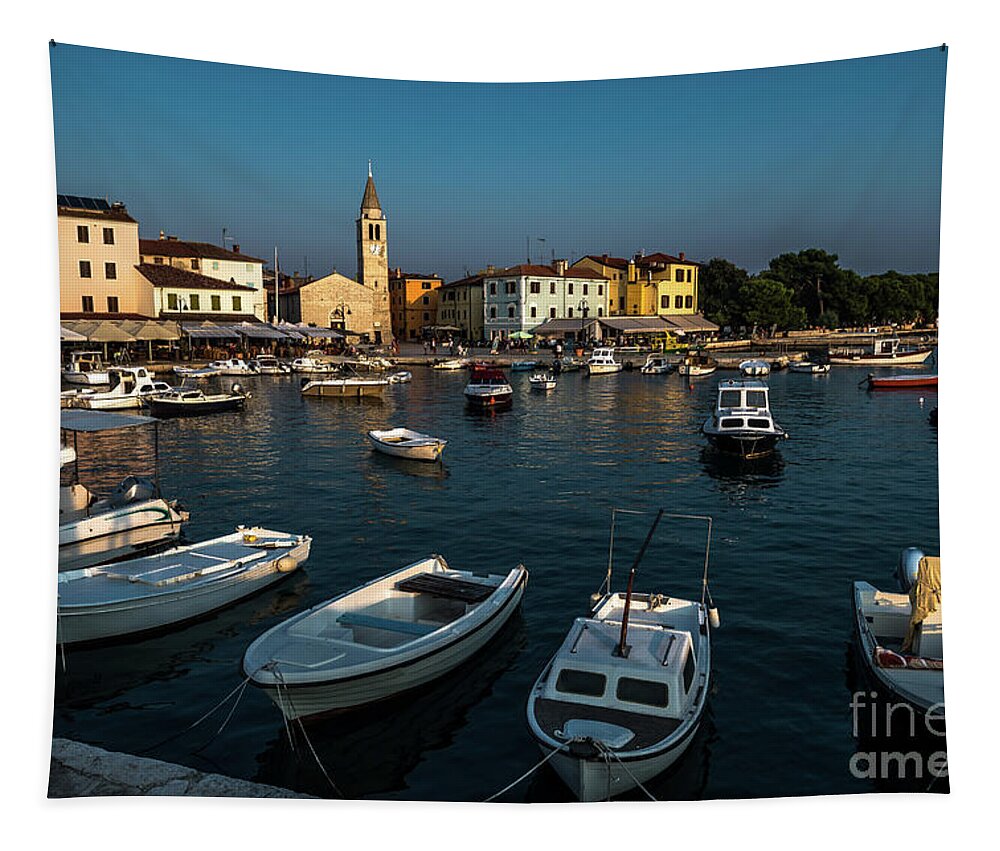 Accommodation Tapestry featuring the photograph Picturesque Village Fazana In Croatia With Old Church And Boats In Harbor by Andreas Berthold