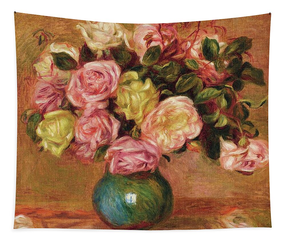 Pierre Auguste Renoir Bouquet Of Roses In A Vase Tapestry featuring the painting Pierre Auguste Renoir Bouquet of roses in a vase by MotionAge Designs