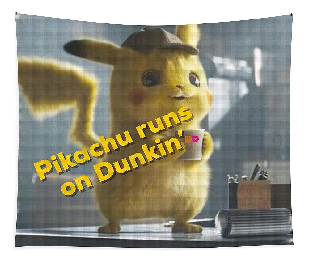 Detective Tapestry featuring the digital art Pikachu Runs on Dunkin by Elena Pratt