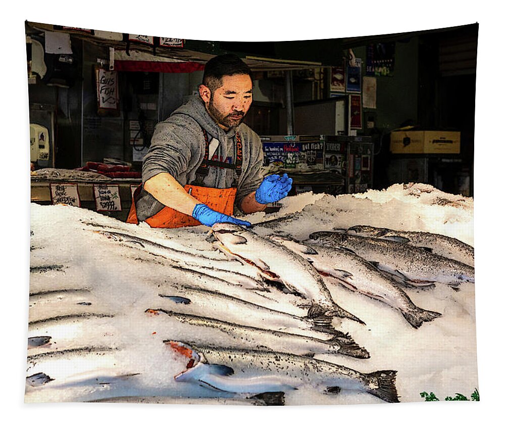 Fish Tapestry featuring the digital art Pike Place Fish Market by SnapHappy Photos