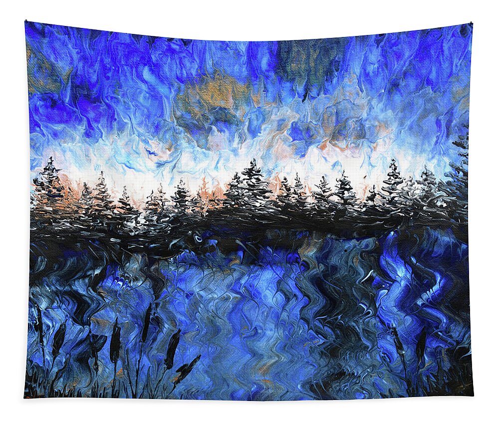 Pacific Northwest Tapestry featuring the painting Pine Trees at Twilight in Blue and Copper by Laura Iverson