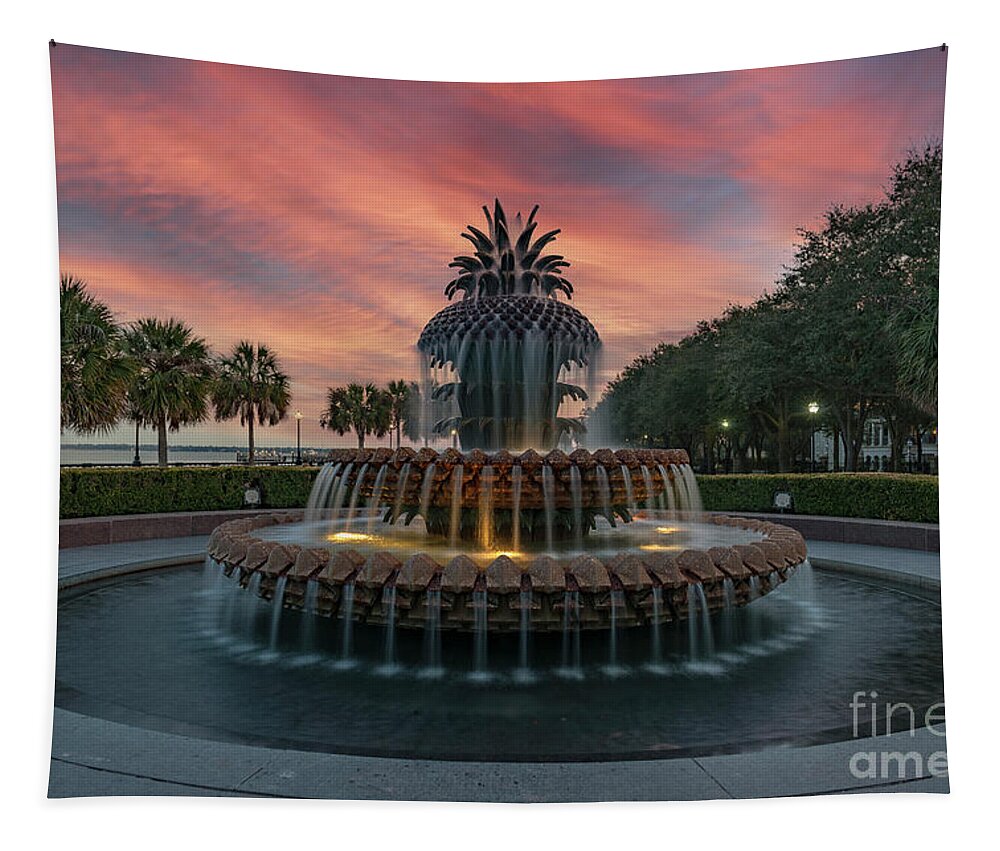 Pineapple Fountain Tapestry featuring the photograph Pineapple Fountain Sunset - Charleston - Waterfront Park by Dale Powell