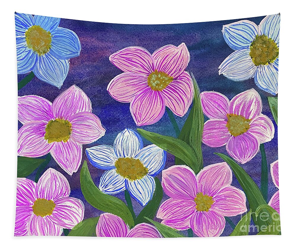 Pink Tapestry featuring the mixed media Pink and Blue Flowers by Lisa Neuman