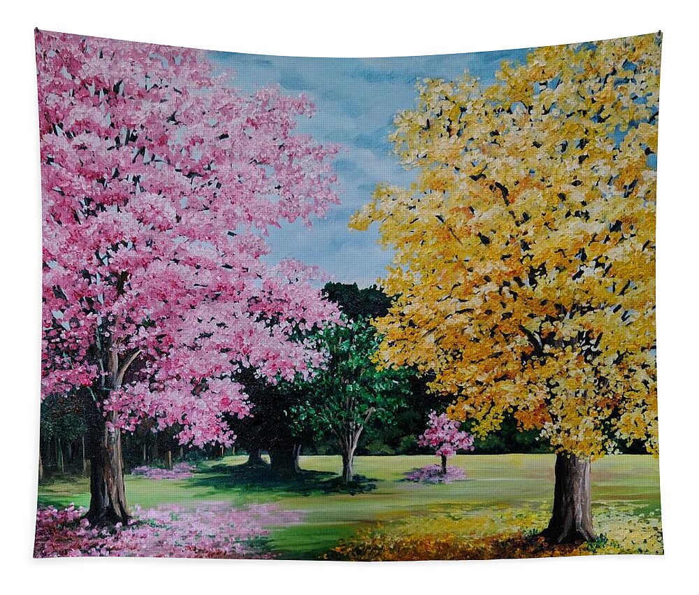 Poui Trees Tapestry featuring the painting Pink And Yellow Puoi by Karin Dawn Kelshall- Best