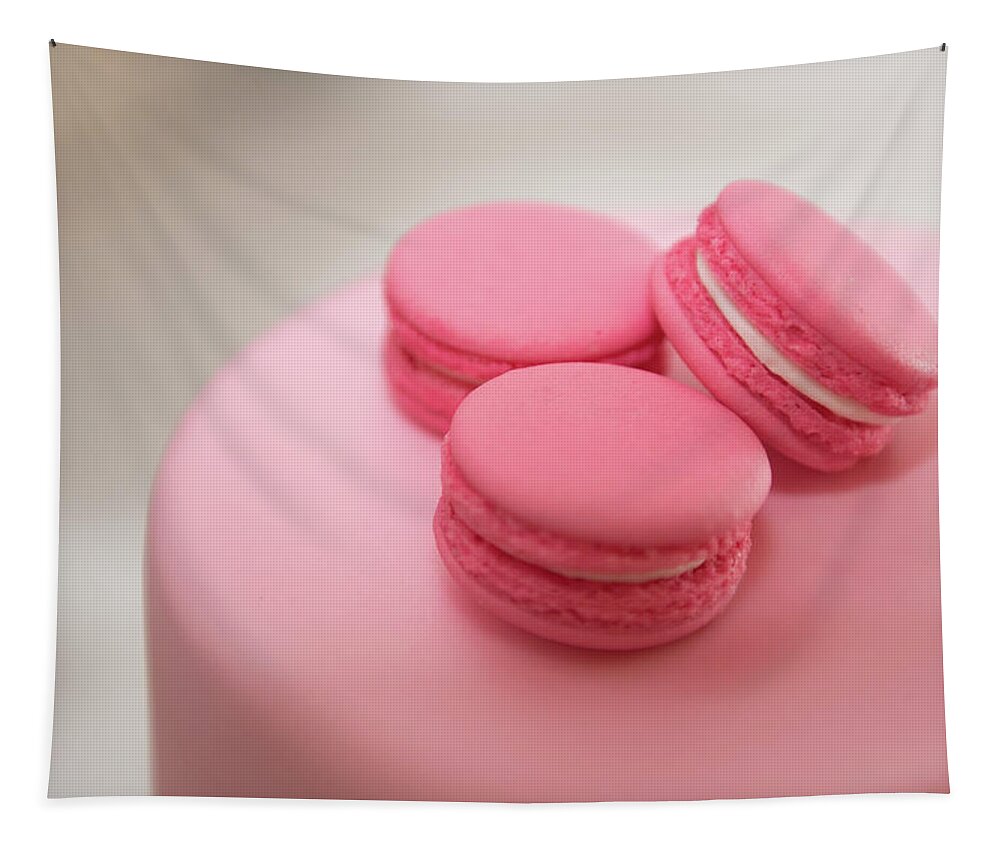 Macaroon Tapestry featuring the photograph Pink color french delicious macaroons cookies. Shallow dof by Michalakis Ppalis