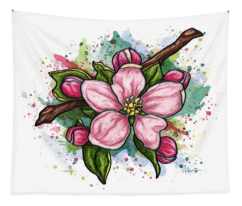 Flower Tapestry featuring the painting Pink flower on white background, cherry blossom by Nadia CHEVREL