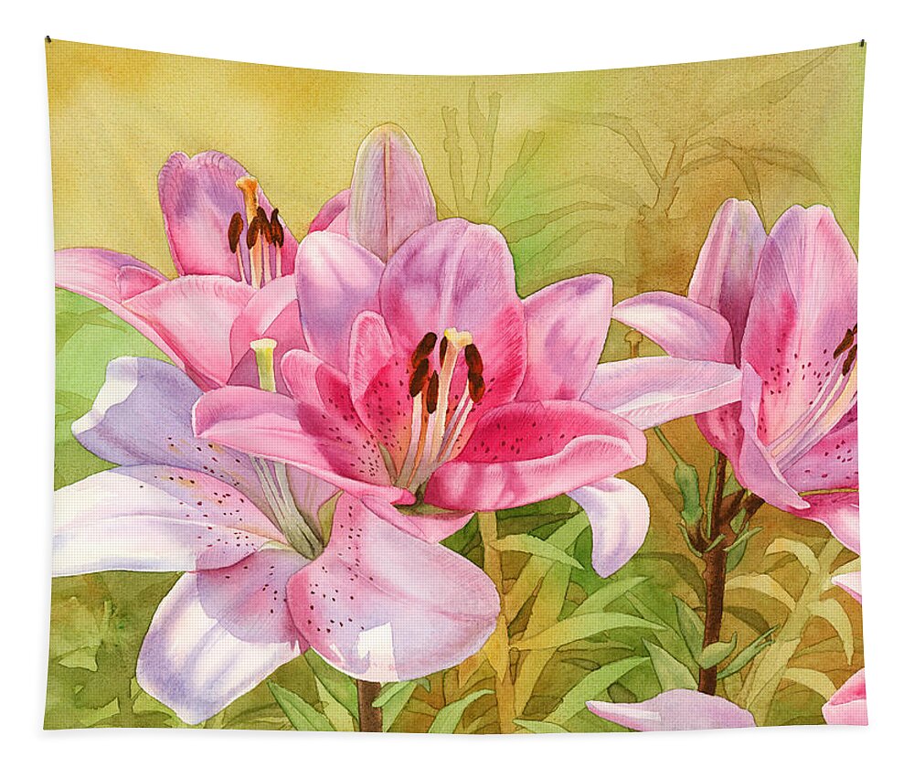 Pink Tapestry featuring the painting Pink Lilies by Espero Art