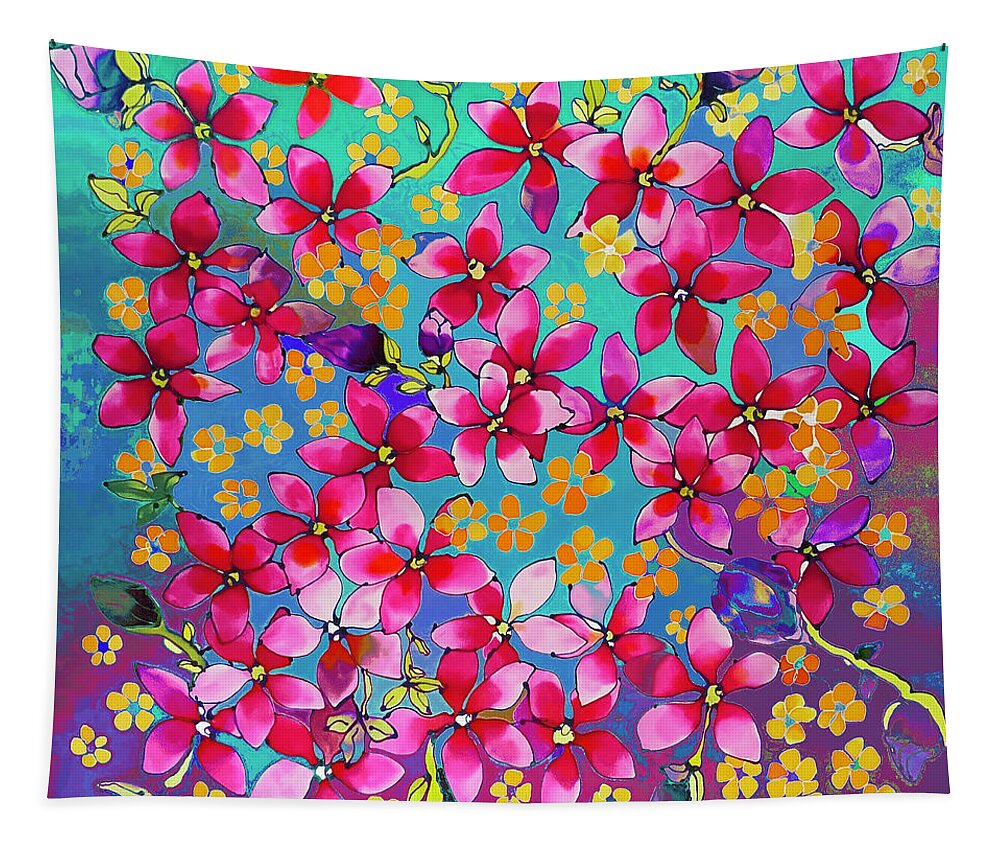 Karla Kay Art Tapestry featuring the painting Pink magnolia on turquoise by Karla Kay Benjamin