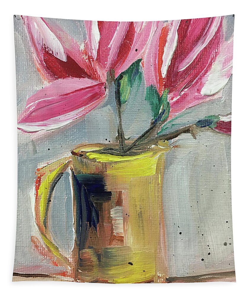 Magnolias Tapestry featuring the painting Pink Magnolias in a Yellow Porcelain Pitcher by Roxy Rich
