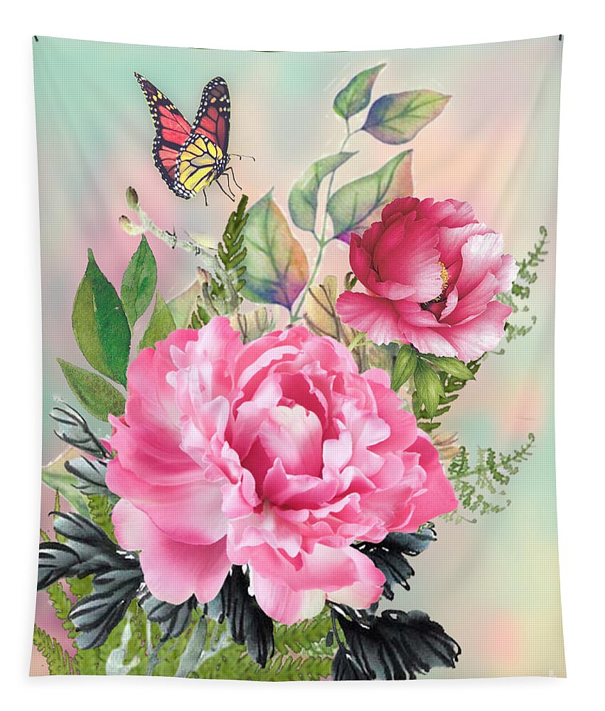 Peony Roses Tapestry featuring the mixed media Pink Pleasure by Morag Bates
