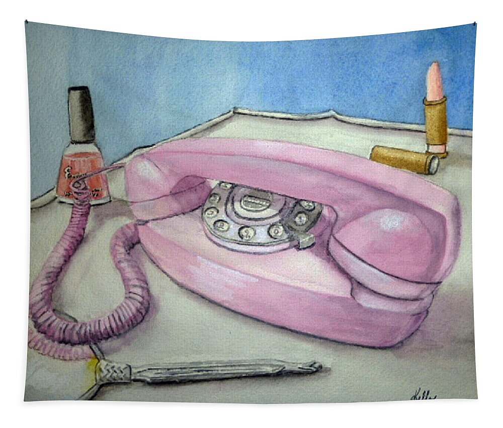 Retro Tapestry featuring the painting Pink Princess telephone by Kelly Mills
