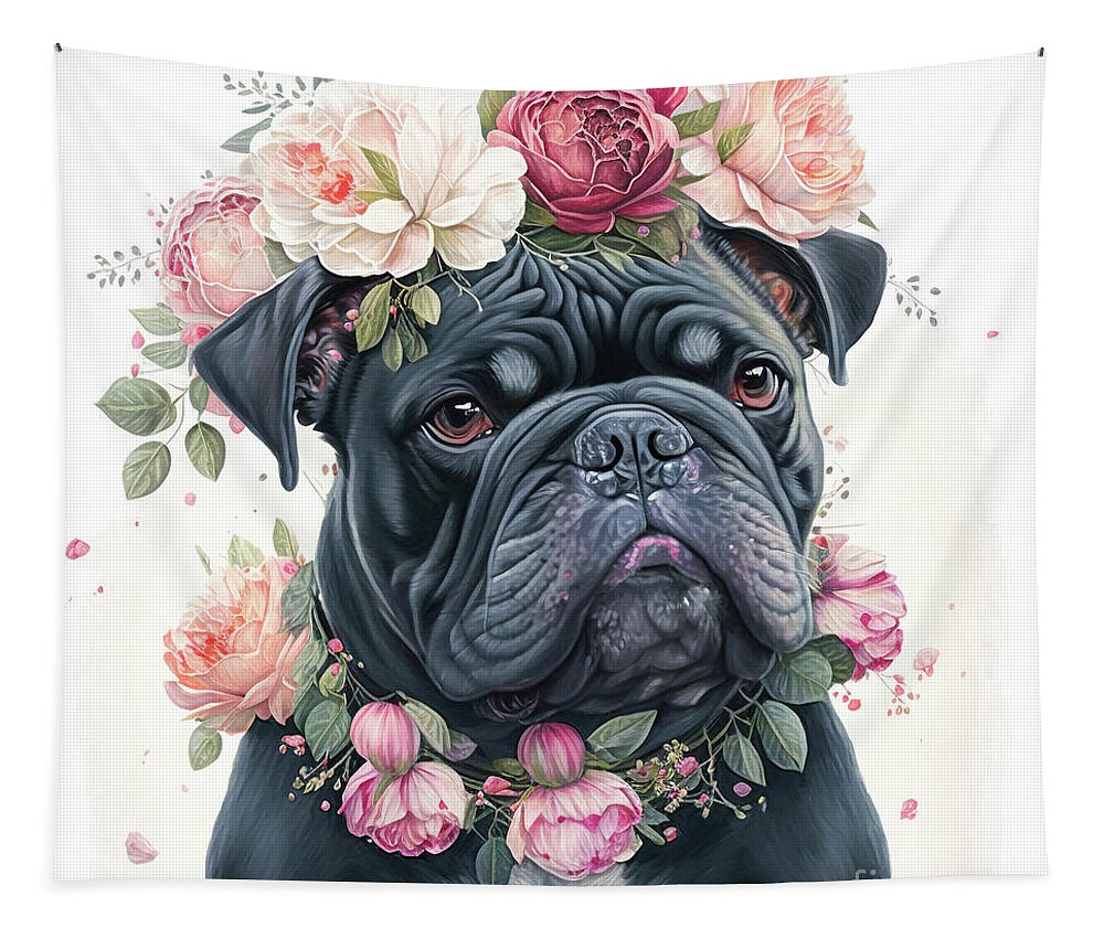 Bulldog Tapestry featuring the painting Pink Rose Bulldog by Tina LeCour