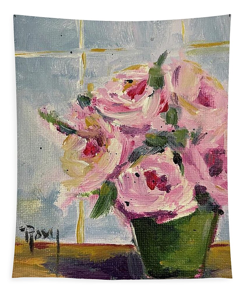 Pink Roses Tapestry featuring the painting Pink Roses by the Window by Roxy Rich