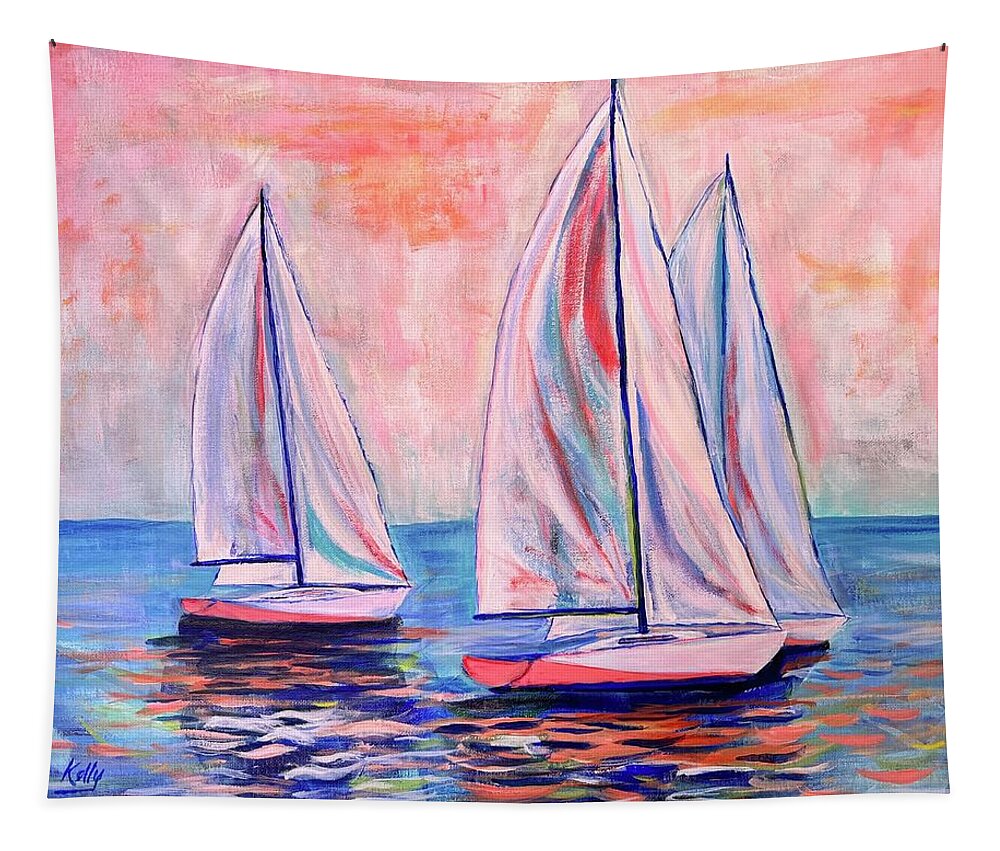 Sailing Tapestry featuring the painting Pink Sky at Night by Kelly Smith