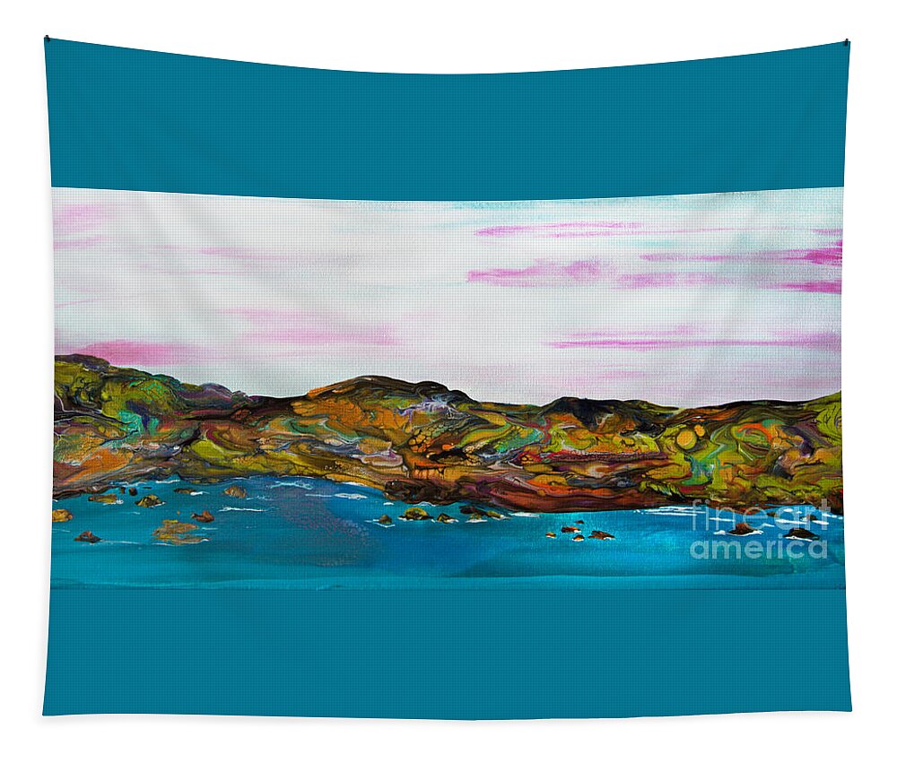 Pink Sky Land-view Seascape Tapestry featuring the painting Pink Sky Land-view Seascape 8080 by Priscilla Batzell Expressionist Art Studio Gallery