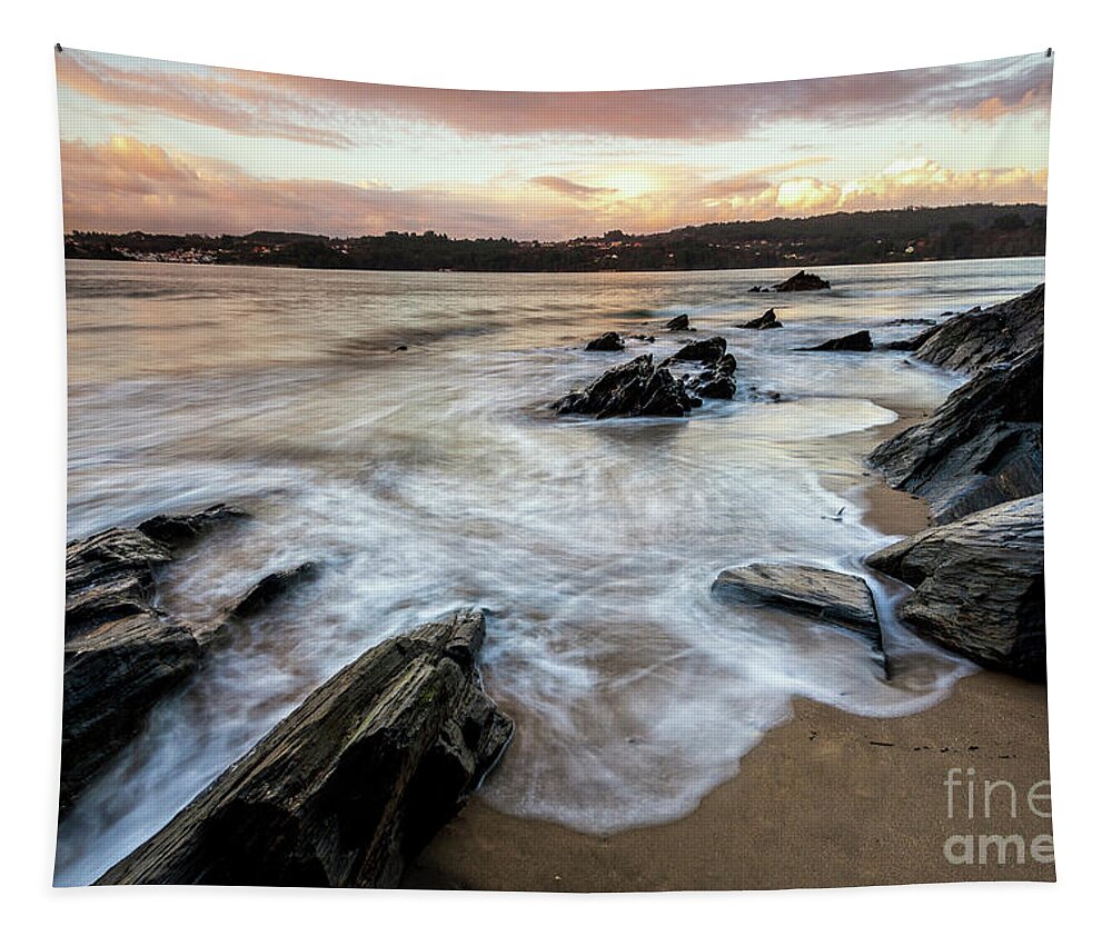 Colorful Tapestry featuring the photograph Pink Sky over Centrona Cove Long Exposure at Ares Estuary Pontedeume Galicia by Pablo Avanzini