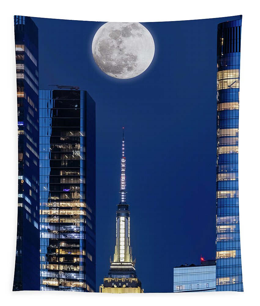 Nyc Skyline Tapestry featuring the photograph Pink Super-Moon Over NYC by Susan Candelario