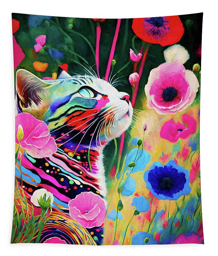 Cat Tapestry featuring the digital art Pippi in the Poppies by Peggy Collins