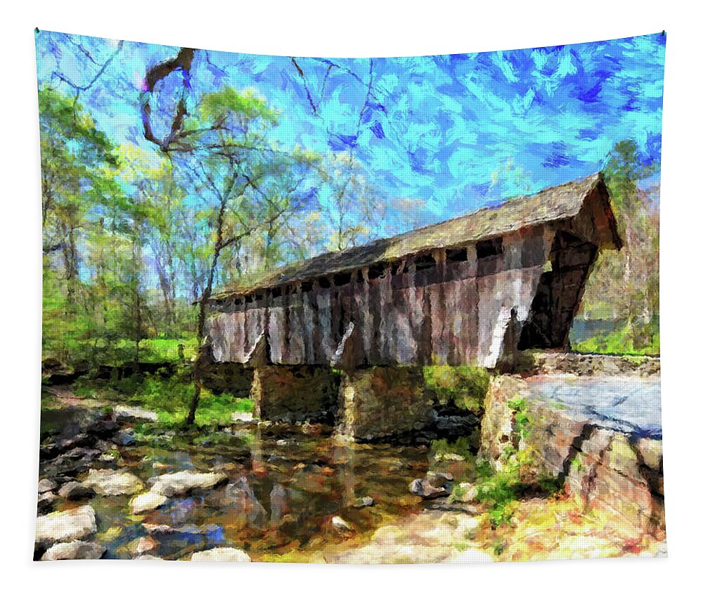 Pisgah Covered Bridge Tapestry featuring the digital art Pisgah Covered Bridge by SnapHappy Photos