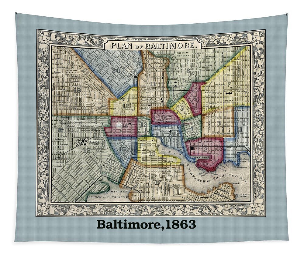 Baltimore Tapestry featuring the photograph Plan of Baltimore Antique Map 1863 by Phil Cardamone