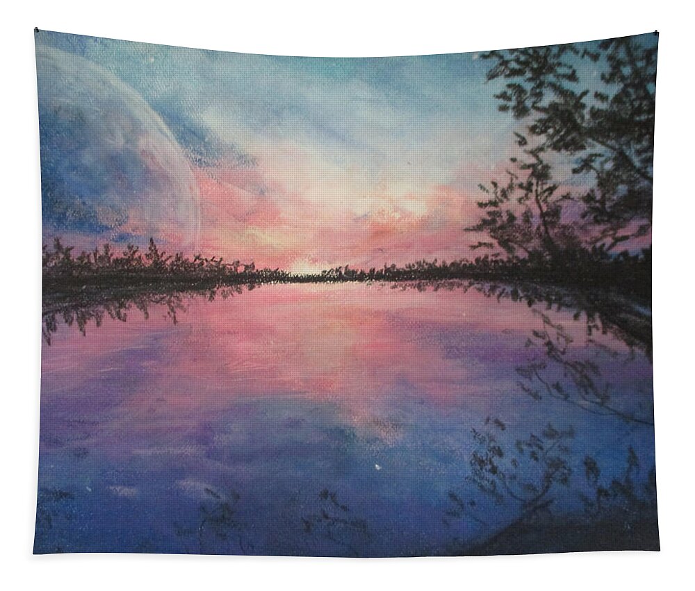 Chromatic Sunset Tapestry featuring the painting Planet Sunset by Jen Shearer