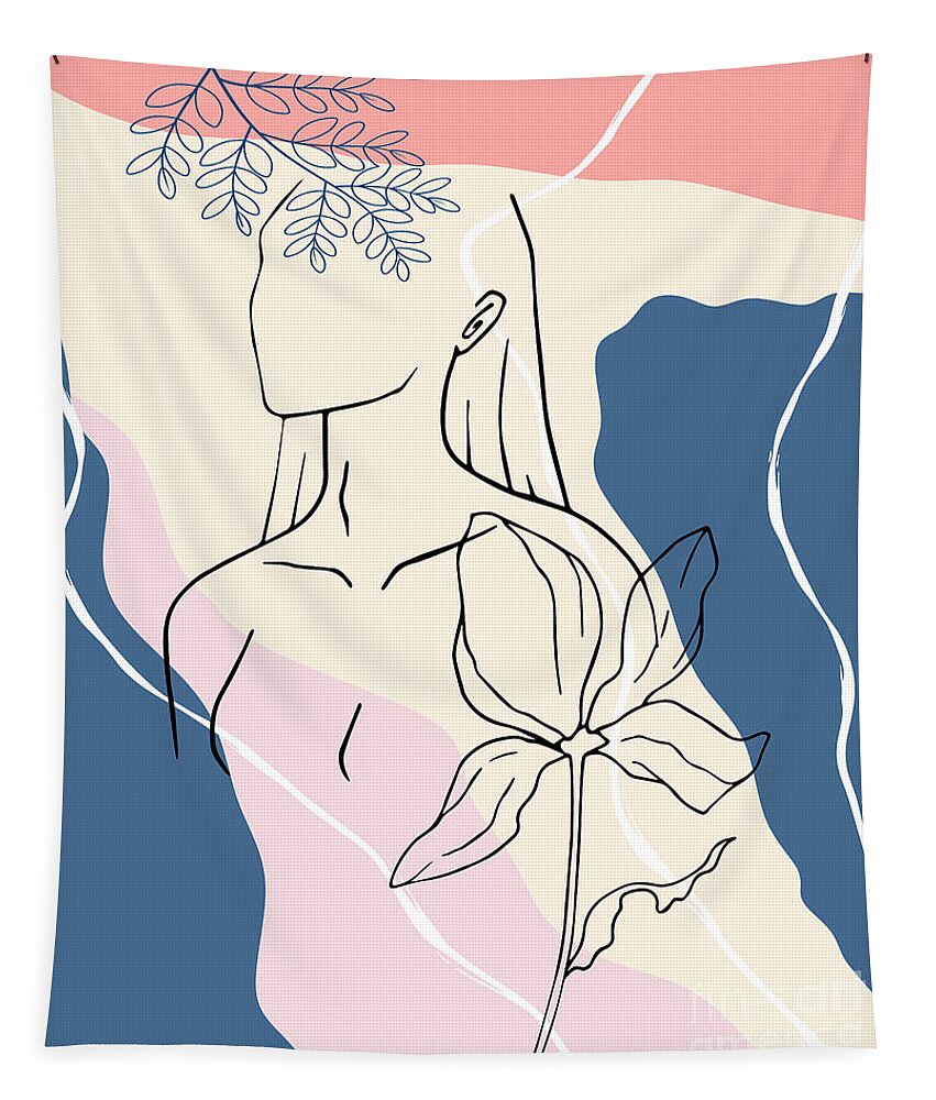 Plant Head woman art Peony Face portrait Woman line drawing One Line art female line Art Tapestry by Mounir Khalfouf MOUNIR KHALFOUF Official Website