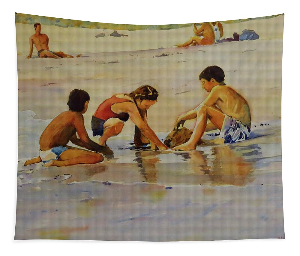 Beach Tapestry featuring the painting Playing on Penghu Beach by David Gilmore