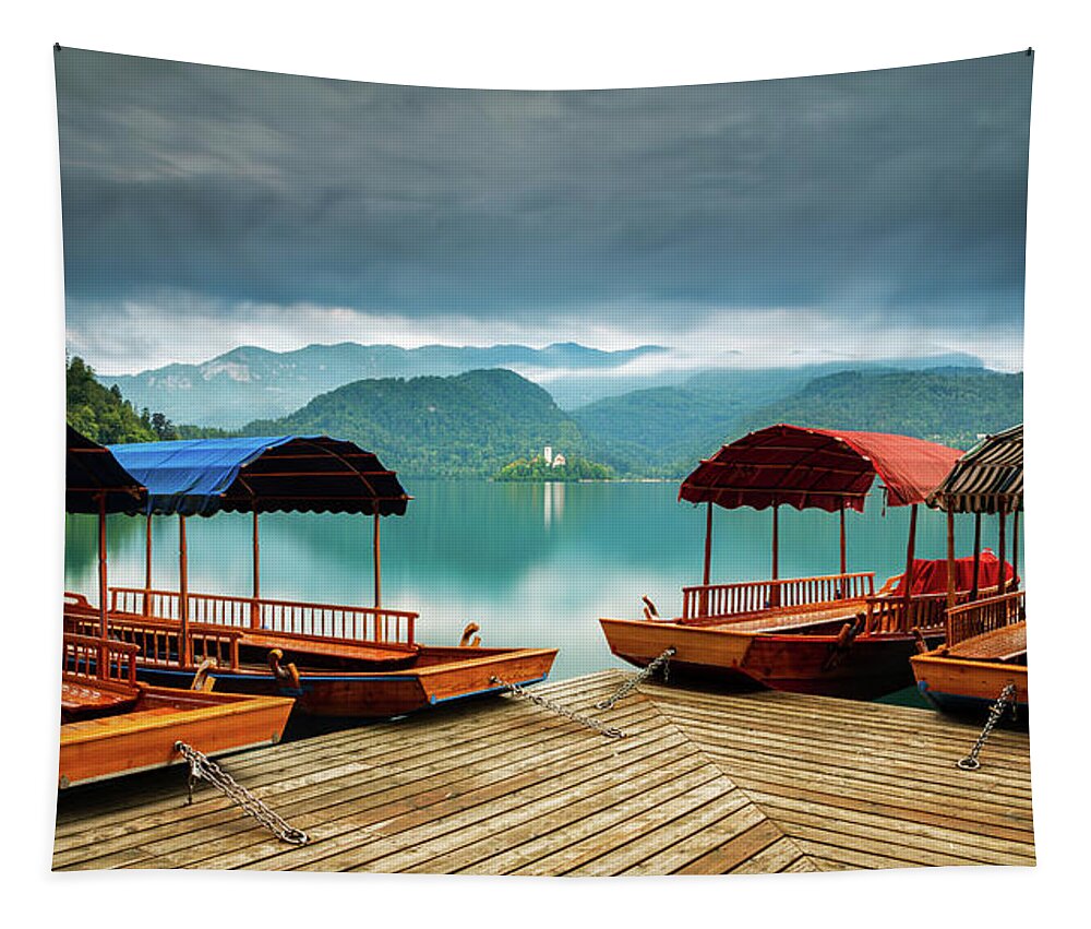 Bled Tapestry featuring the photograph Pletna Boats at Lake Bled by Ian Middleton