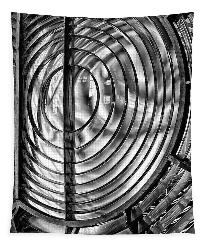 Fresnel Lens Tapestry featuring the photograph Point Arena Lighthouse Fresnel Lens Glass and Brass Black and White Abstract by Kathleen Bishop