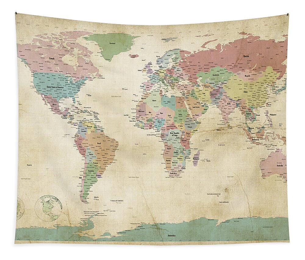 World Map Tapestry featuring the digital art Political Map of the World Map Old Style by Michael Tompsett