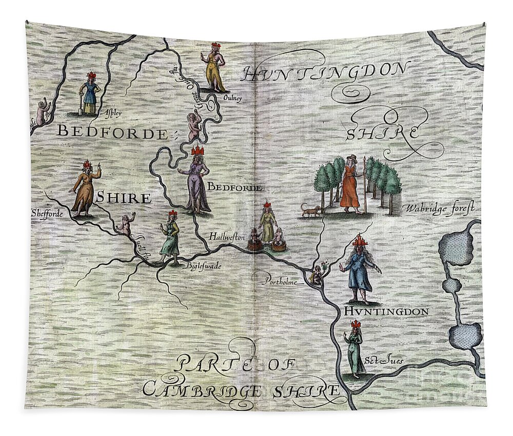 1622 Tapestry featuring the drawing Poly-Olbion - Map of Bedfordshire, Huntingdonshire, and part of Cambridgeshire, England by Michael Drayton