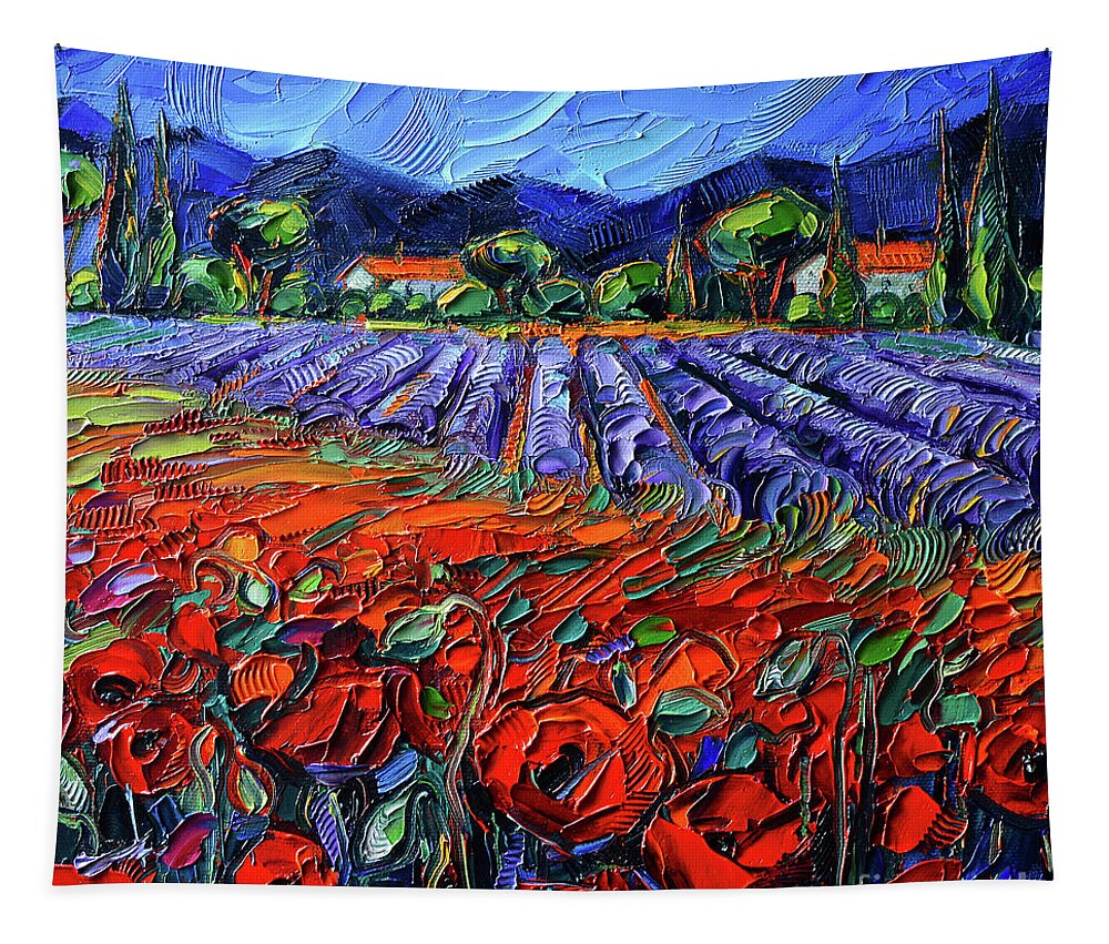Poppies And Lavender Fields Tapestry featuring the painting POPPIES AND LAVENDER FIELDS oil painting Mona Edulesco by Mona Edulesco