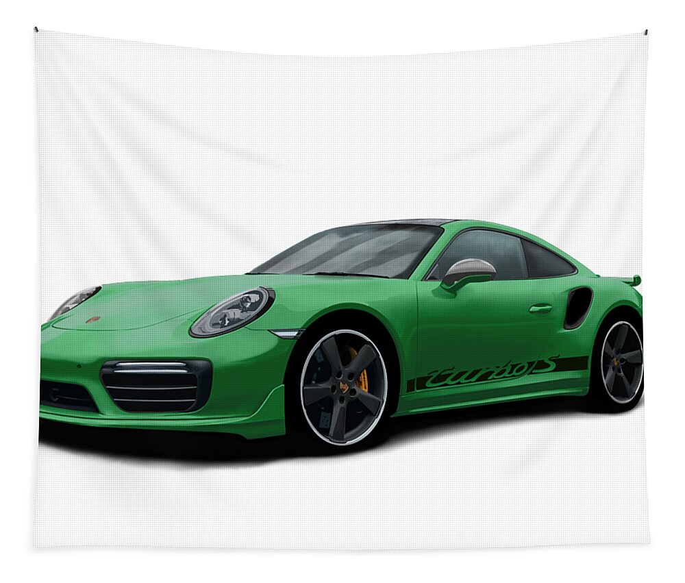 Hand Drawn Tapestry featuring the digital art Porsche 911 991 Turbo S Digitally Drawn - Green with side decals script by Moospeed Art