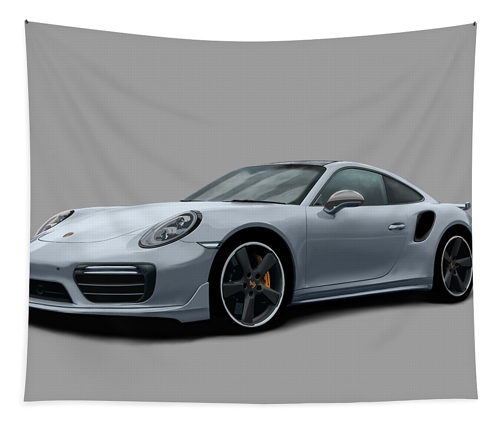 Hand Drawn Tapestry featuring the digital art Porsche 911 991 Turbo S Digitally Drawn - Grey by Moospeed Art