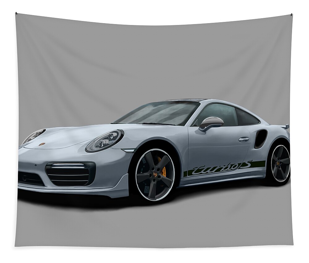 Hand Drawn Tapestry featuring the digital art Porsche 911 991 Turbo S Digitally Drawn - Grey with side decals script by Moospeed Art