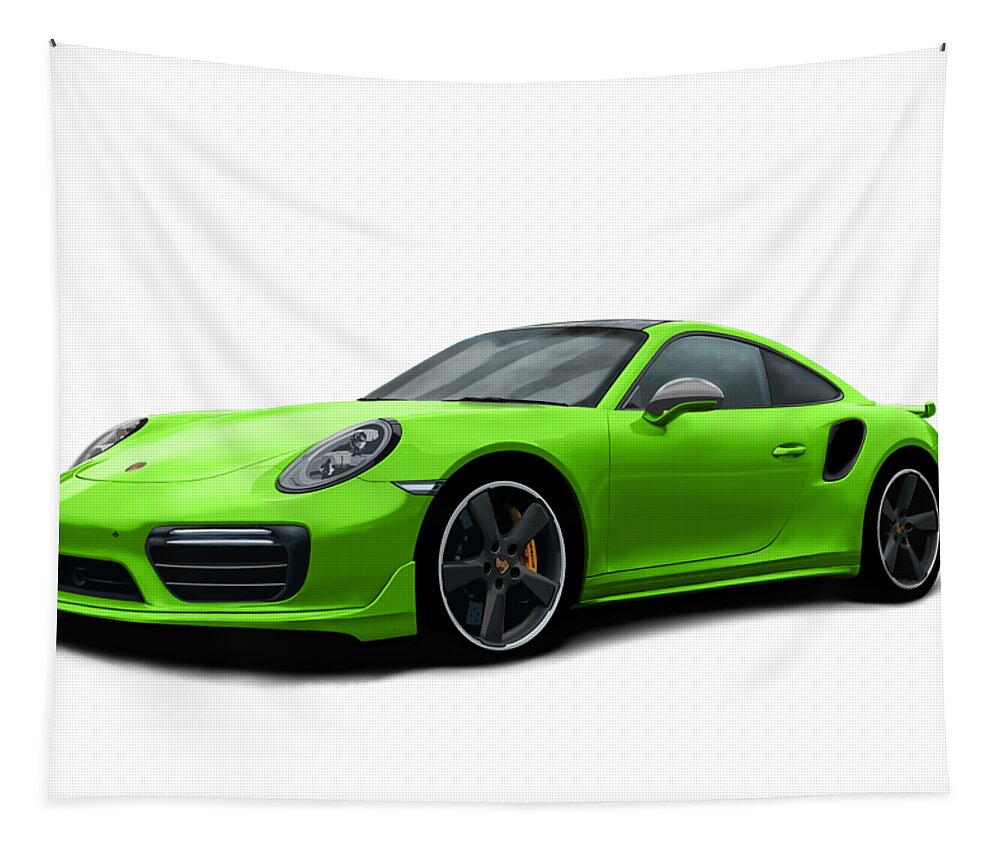 Hand Drawn Tapestry featuring the digital art Porsche 911 991 Turbo S Digitally Drawn - Light Green by Moospeed Art
