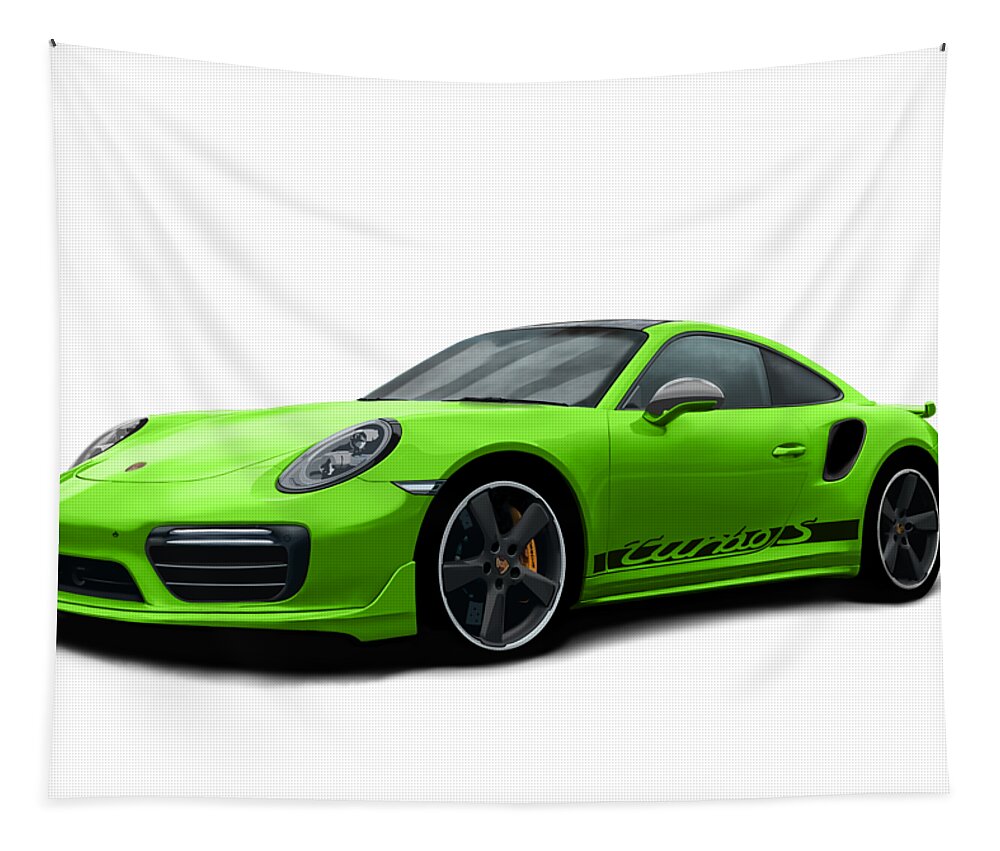 Hand Drawn Tapestry featuring the digital art Porsche 911 991 Turbo S Digitally Drawn - Light Green with side decals script by Moospeed Art