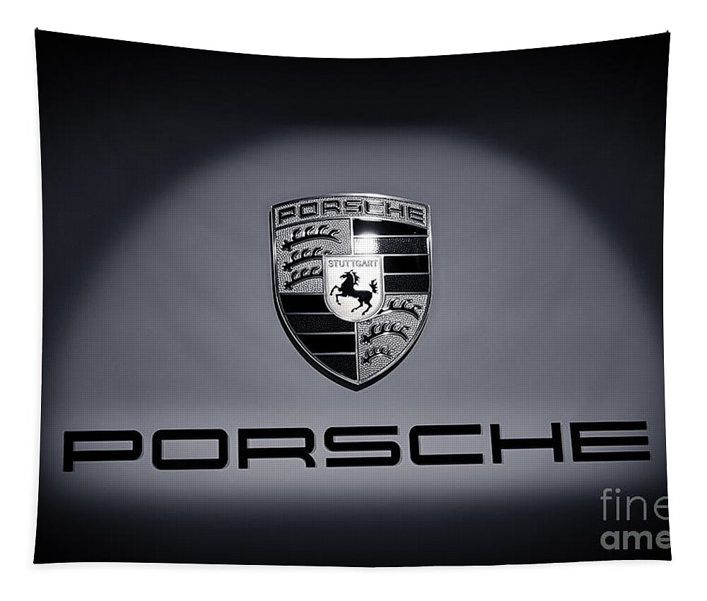 Porsche 911 Tapestry featuring the photograph Porsche Car Emblem isolated BW 2 by Stefano Senise