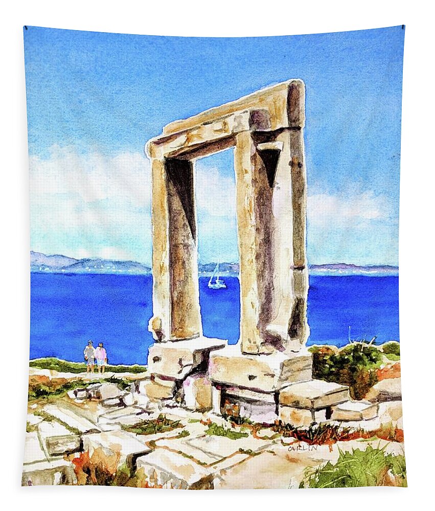 Greece Tapestry featuring the painting Portara Apollo Temple Naxos Greece by Carlin Blahnik CarlinArtWatercolor