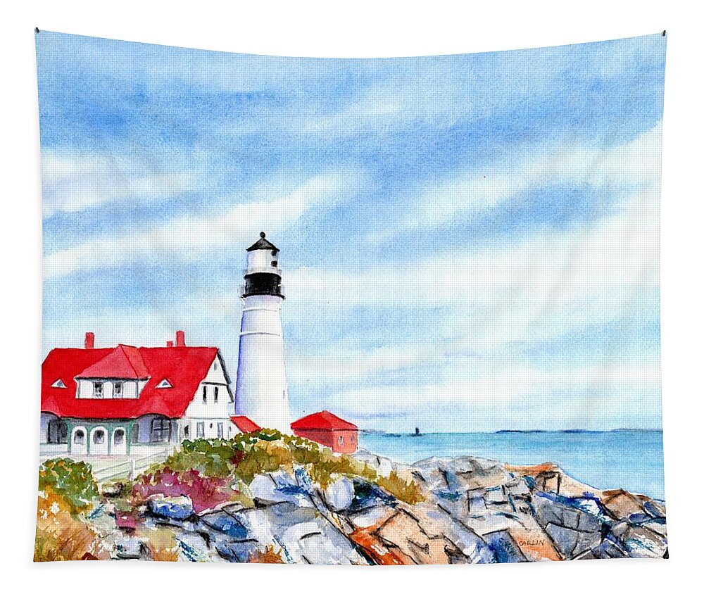 Portland Head Light Tapestry featuring the painting Portland Head Lighthouse Maine by Carlin Blahnik CarlinArtWatercolor