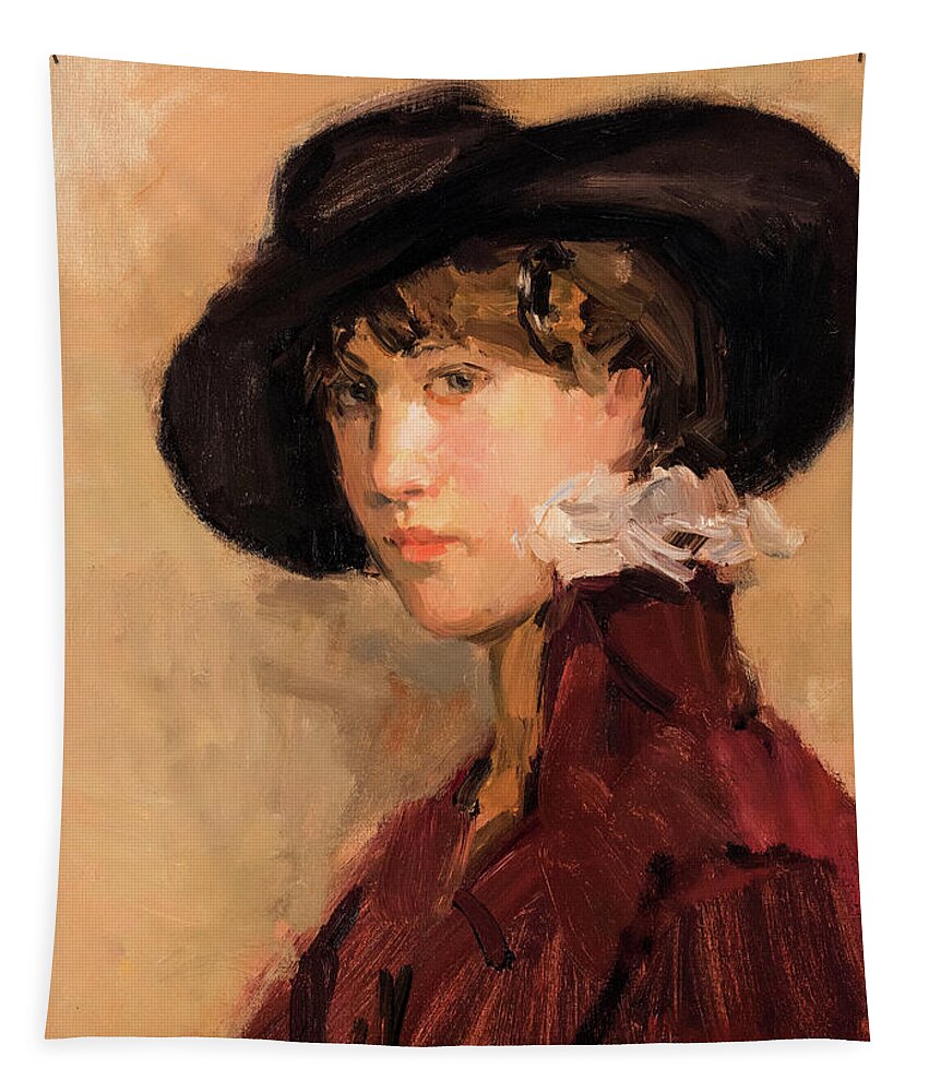 Isaac Israels Tapestry featuring the painting Portrait of a Young Lady with Hat by Isaac Israels