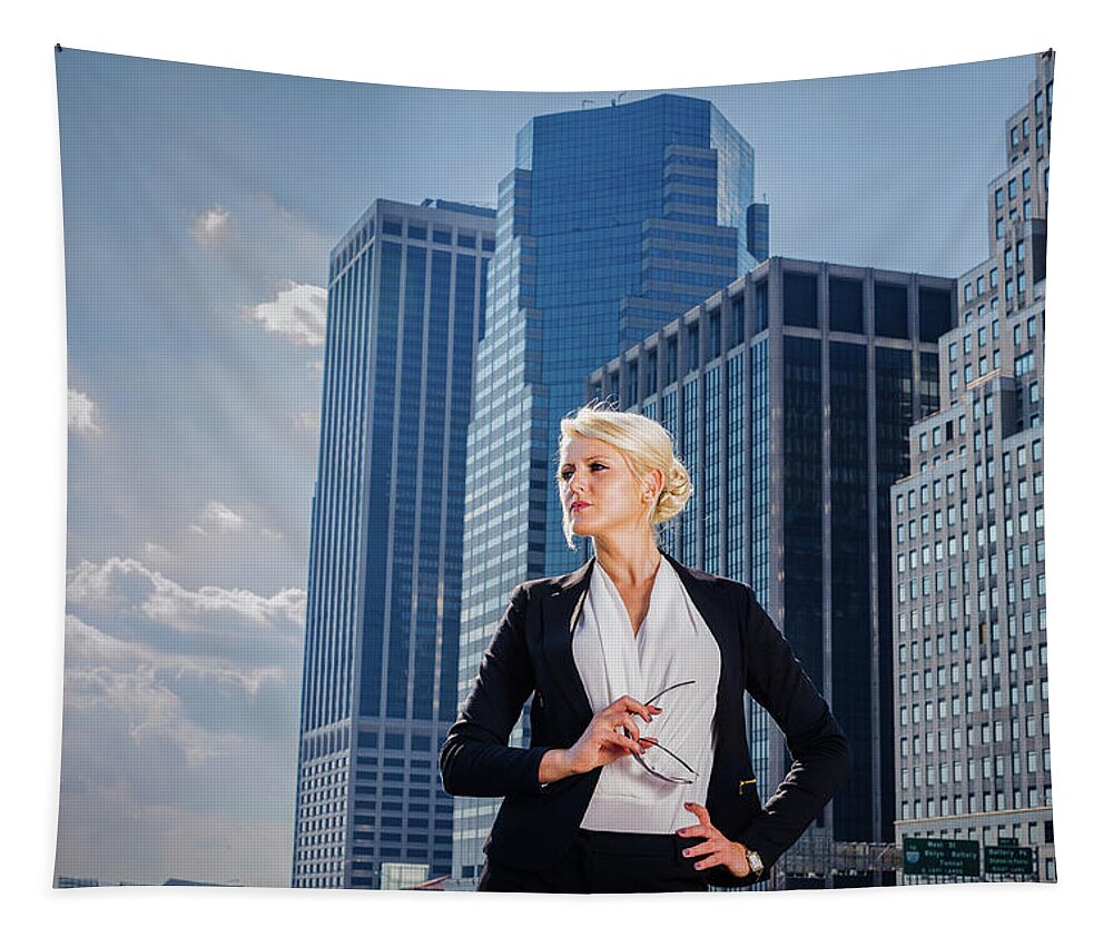 Young Tapestry featuring the photograph Portrait of Young Businesswoman in New York City by Alexander Image