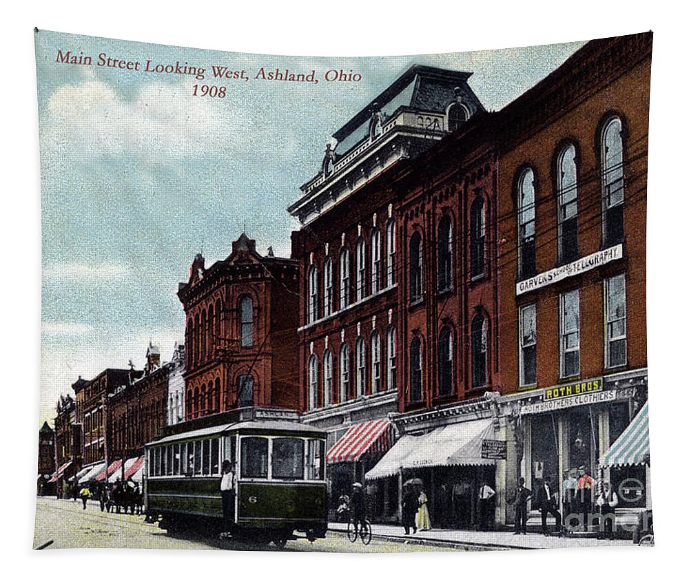 Vintage Postcard Of Downtown Ashland Ohio In 1908 Tapestry featuring the painting Postcard of Ashland Ohio in 1908 by Terri Meyer