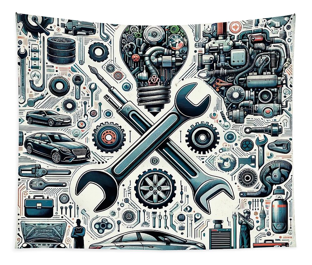 World Of Collages Tapestry featuring the digital art Poster collage of auto industry by Movie World Posters